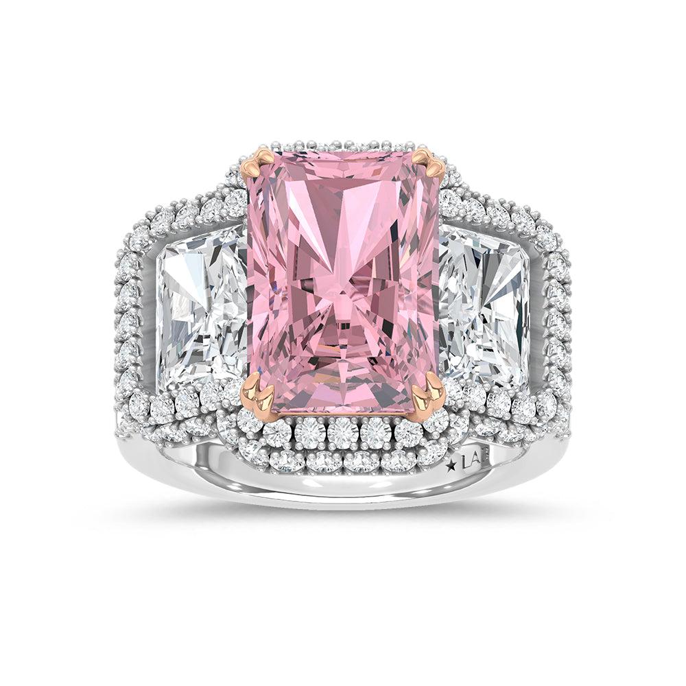 14K Two Tone Lab Grown Diamond 6 5/8 Ct.Tw. Pink Radiant Engagement Ring (Center 5 ct)