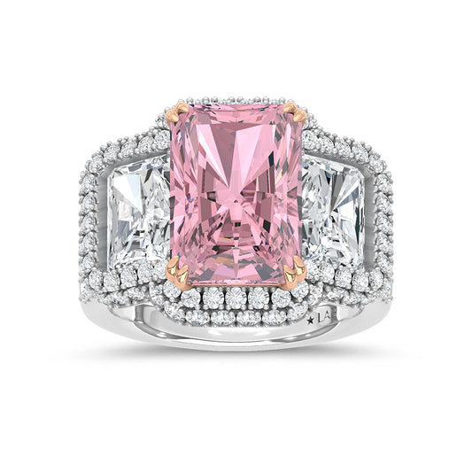 14K Two Tone Lab Grown Diamond 6 5/8 Ct.Tw. Pink Radiant Engagement Ring (Center 5 ct)