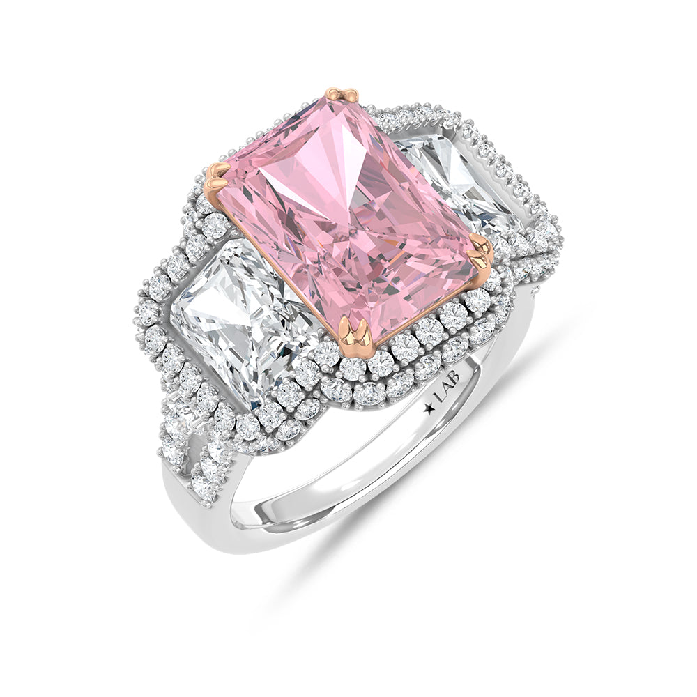 14K Two Tone Lab Grown Diamond 6 5/8 Ct.Tw. Pink Radiant Engagement Ring (Center 5 ct)