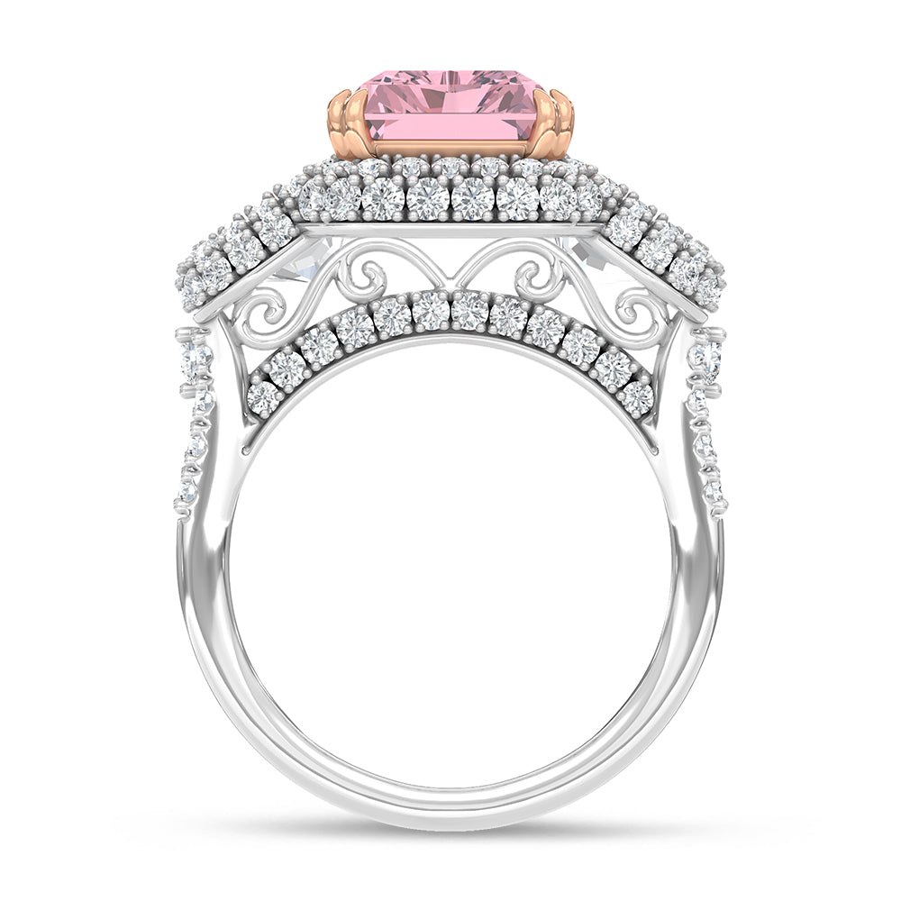 14K Two Tone Lab Grown Diamond 6 5/8 Ct.Tw. Pink Radiant Engagement Ring (Center 5 ct)