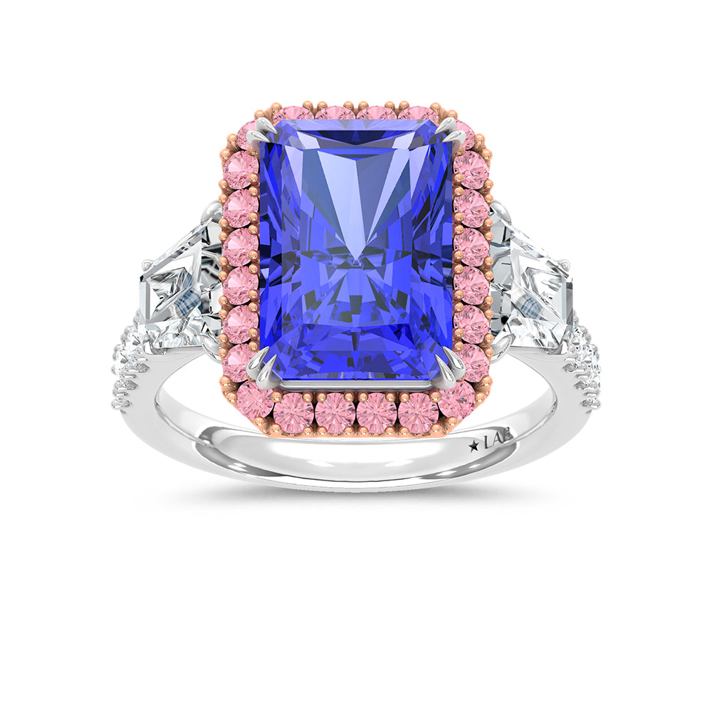 14K Two Tone Lab Grown Diamond 7 1/3 Ct.Tw. Blue Radiant Engagement Ring (Center 5ct)