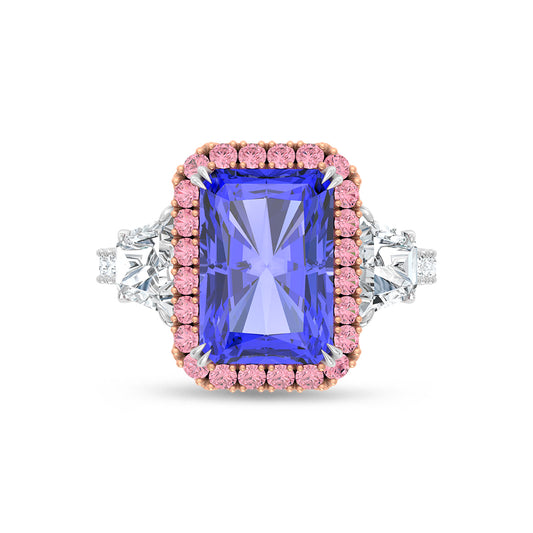 14K Two Tone Lab Grown Diamond 7 1/3 Ct.Tw. Blue Radiant Engagement Ring (Center 5ct)