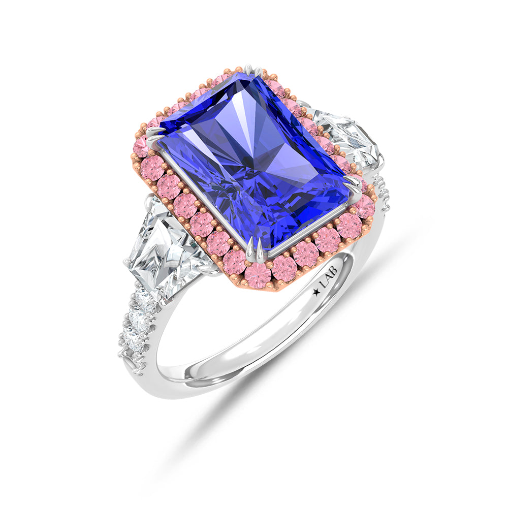 14K Two Tone Lab Grown Diamond 7 1/3 Ct.Tw. Blue Radiant Engagement Ring (Center 5ct)