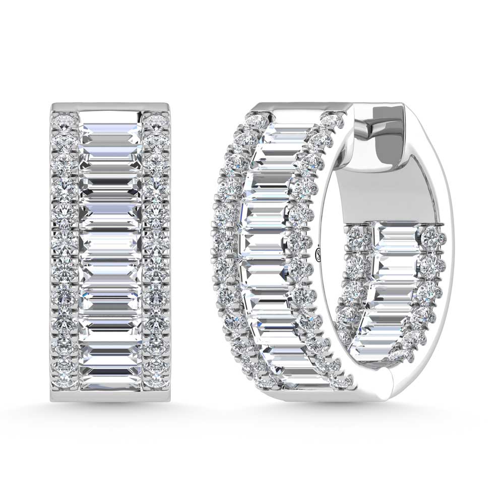 14K White Gold Round & Baguette Lab Grown Diamond 3 Ct.Tw. Hoop Earrings