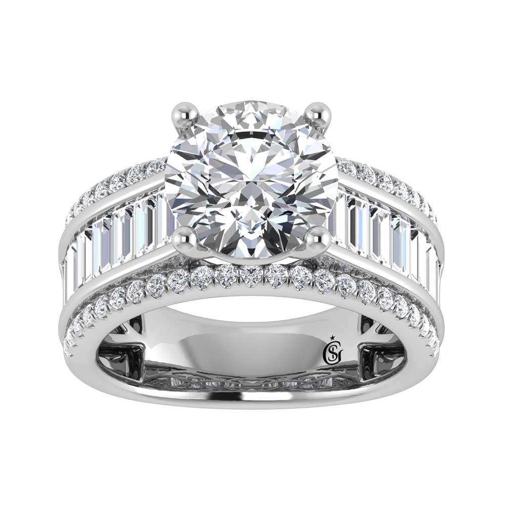 14K White Gold Lab Grown Diamond 4 1/3 Ct.Tw. Round and Baguette Shank Engagement Ring (IGI Certified Center 3ct)