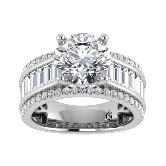 14K White Gold Lab Grown Diamond 4 1/3 Ct.Tw. Round and Baguette Shank Engagement Ring (IGI Certified Center 3ct)