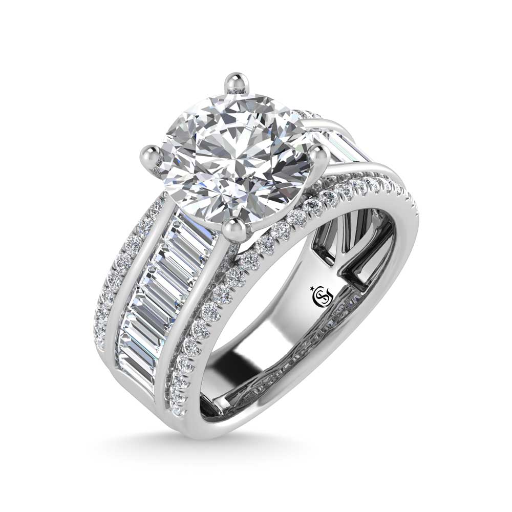 14K White Gold Lab Grown Diamond 4 1/3 Ct.Tw. Round and Baguette Shank Engagement Ring (IGI Certified Center 3ct)