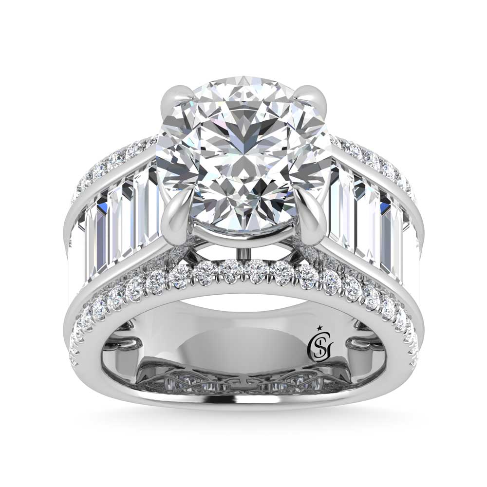 14K White Gold Lab Grown Diamond 8 1/6 Ct.Tw. Round and Baguette Shank Engagement Ring (IGI Certified Center 5ct)