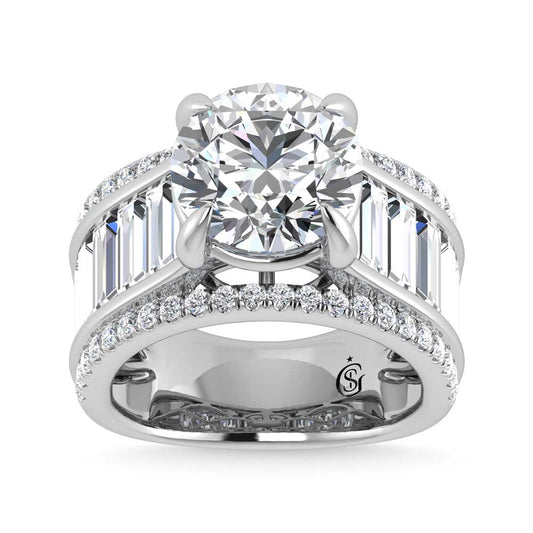 14K White Gold Lab Grown Diamond 8 1/6 Ct.Tw. Round and Baguette Shank Engagement Ring (IGI Certified Center 5ct)