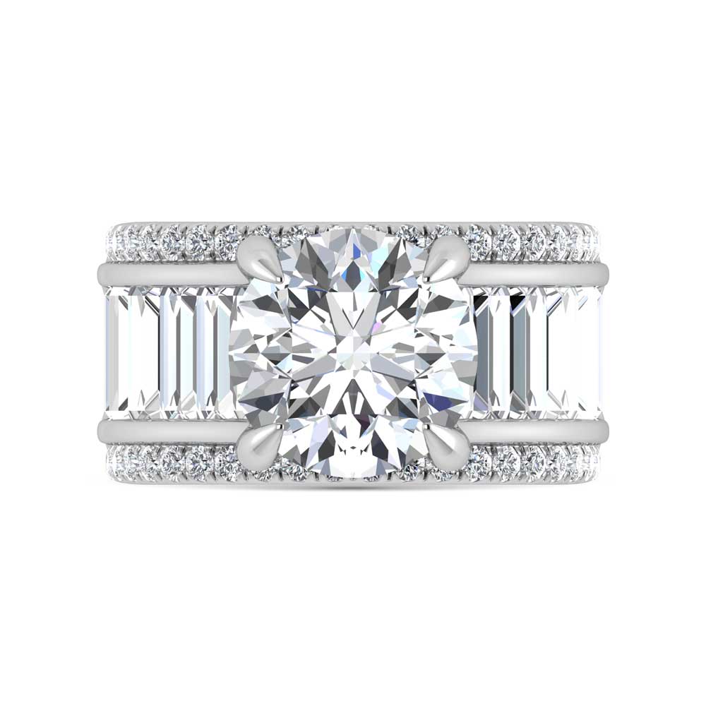 14K White Gold Lab Grown Diamond 8 1/6 Ct.Tw. Round and Baguette Shank Engagement Ring (IGI Certified Center 5ct)