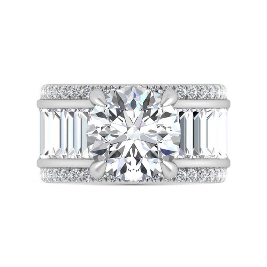 14K White Gold Lab Grown Diamond 8 1/6 Ct.Tw. Round and Baguette Shank Engagement Ring (IGI Certified Center 5ct)