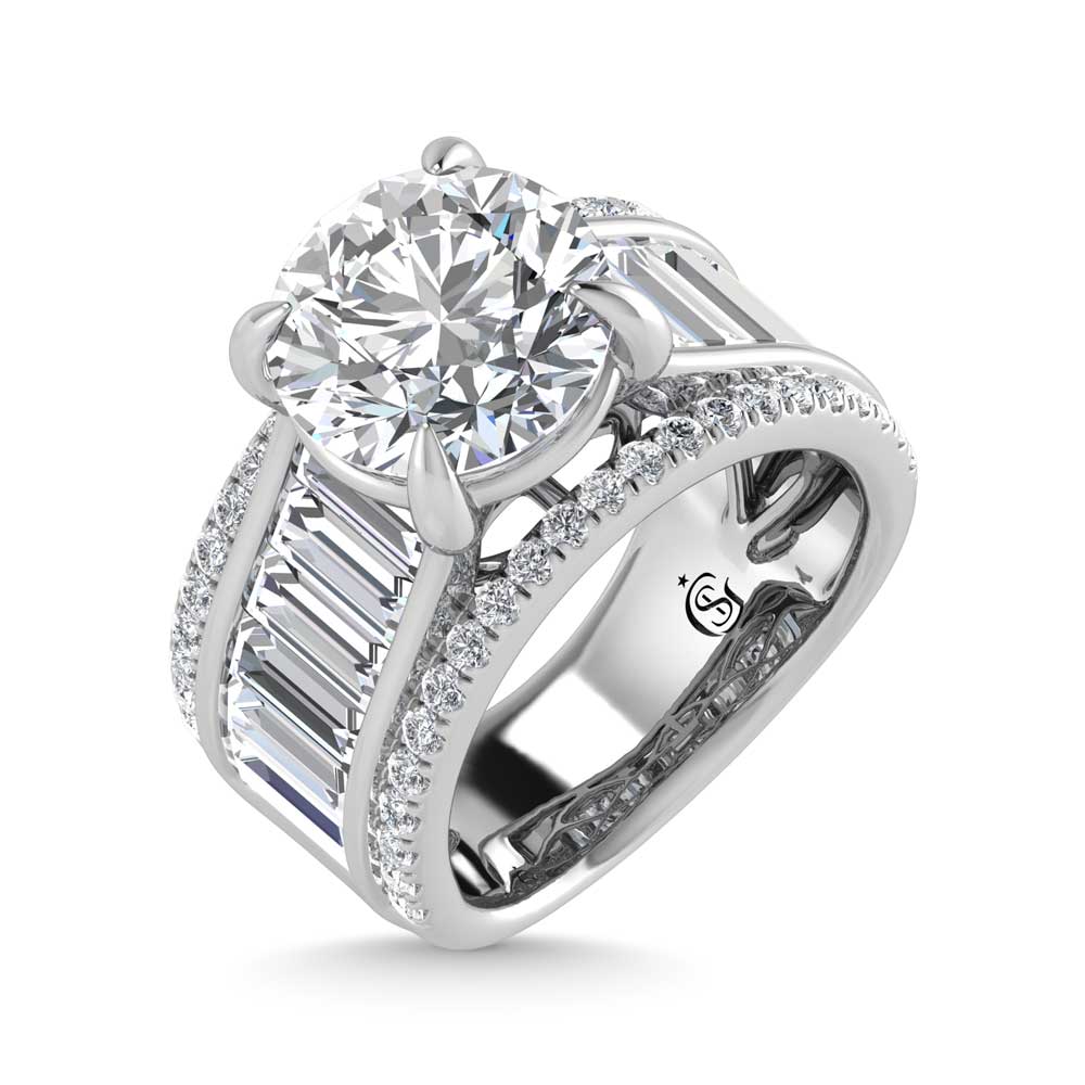 14K White Gold Lab Grown Diamond 8 1/6 Ct.Tw. Round and Baguette Shank Engagement Ring (IGI Certified Center 5ct)