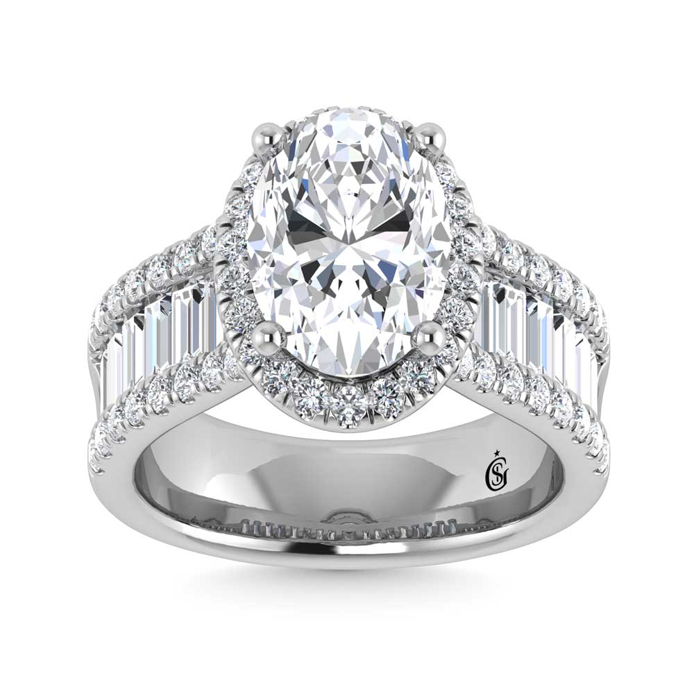 14K White Gold Lab Grown Diamond 4 5/8 Ct.Tw. Round and Baguette Shank Engagement Ring (IGI Certified Center 3ct)