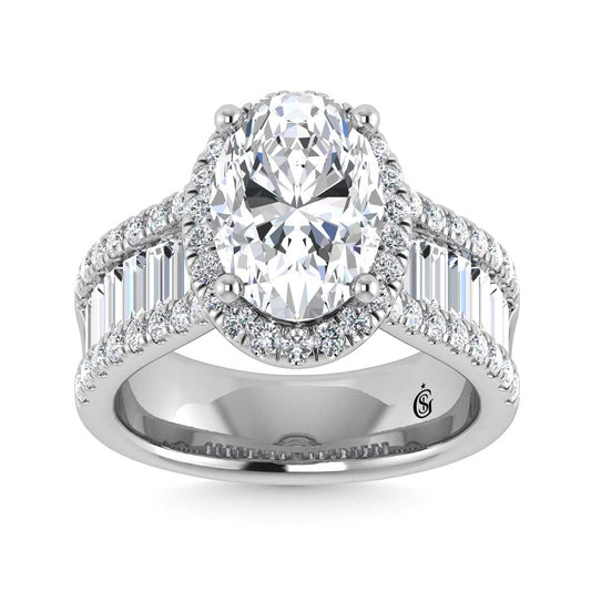 14K White Gold Lab Grown Diamond 4 5/8 Ct.Tw. Round and Baguette Shank Engagement Ring (IGI Certified Center 3ct)