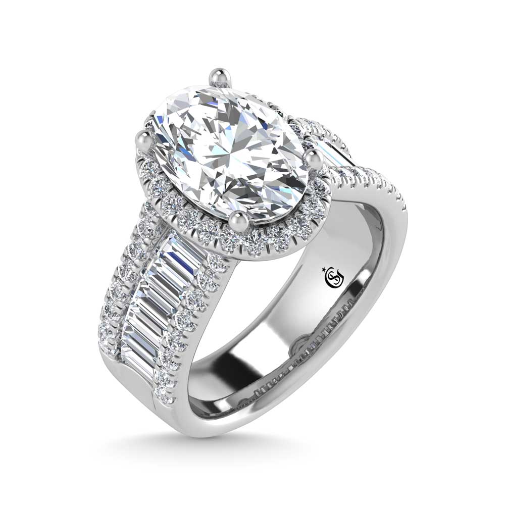 14K White Gold Lab Grown Diamond 4 5/8 Ct.Tw. Round and Baguette Shank Engagement Ring (IGI Certified Center 3ct)