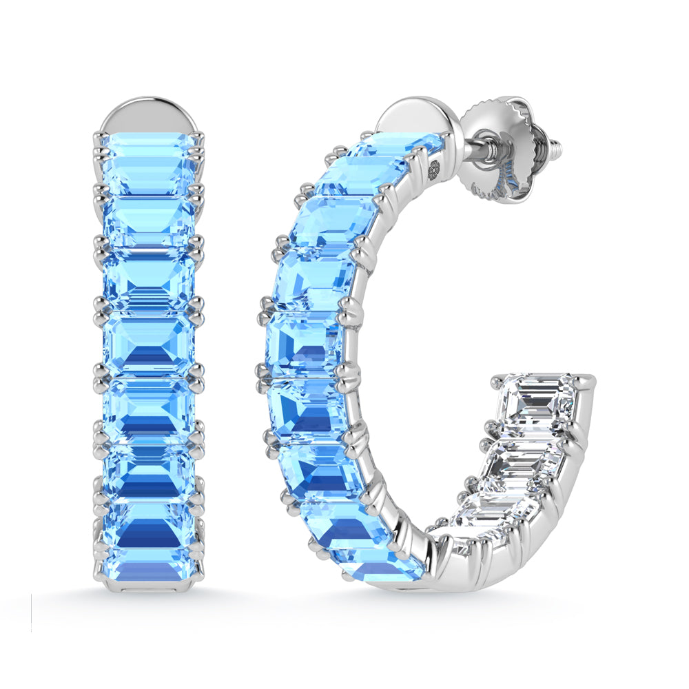14K White Gold Lab Grown 5 5/8 Ct.Tw. Outside Blue and Inside White Emerald Hoop Earrings