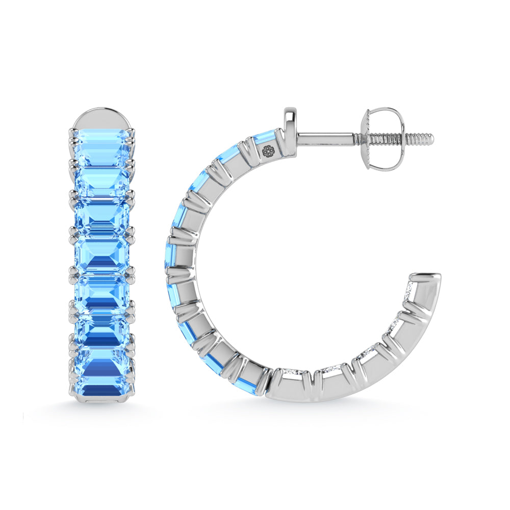 14K White Gold Lab Grown 5 5/8 Ct.Tw. Outside Blue and Inside White Emerald Hoop Earrings