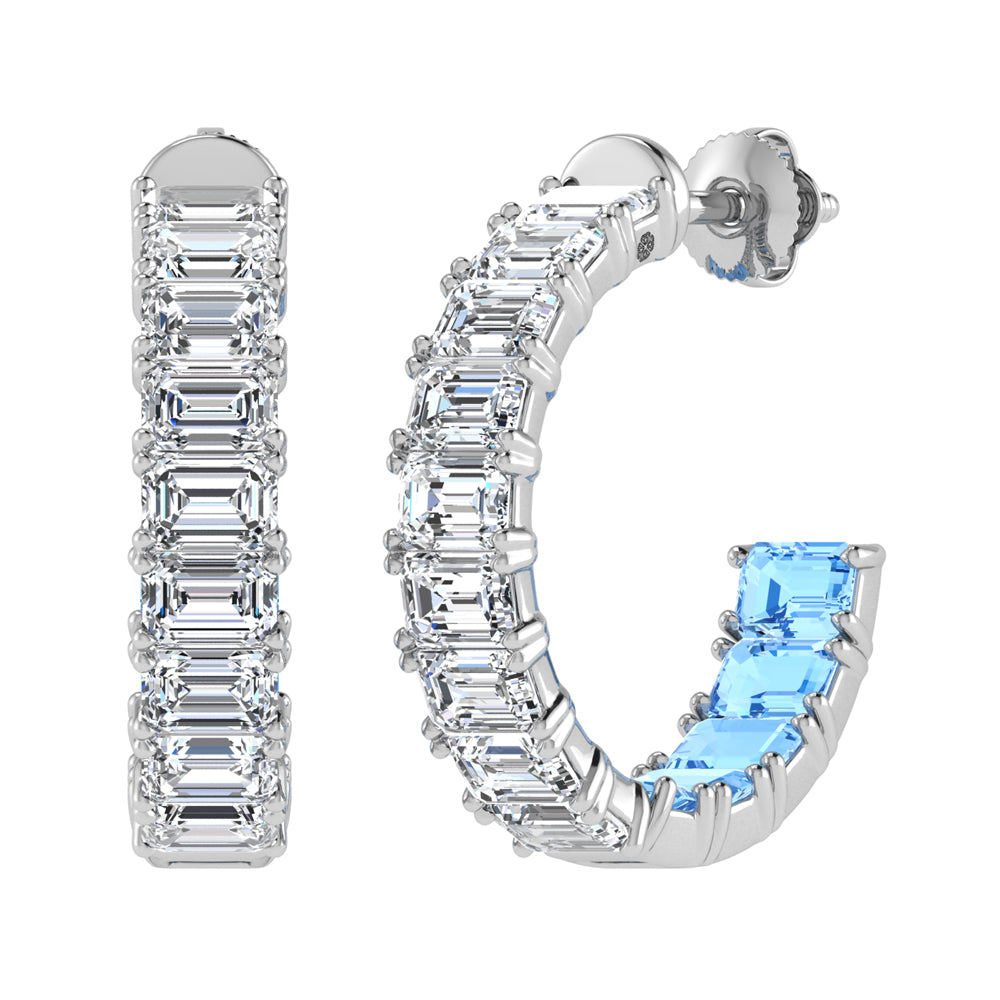 14K White Gold Lab Grown 5 5/8 Ct.Tw. Outside White and Inside Blue Emerald Hoop Earrings