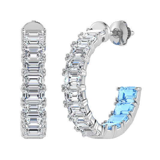 14K White Gold Lab Grown 5 5/8 Ct.Tw. Outside White and Inside Blue Emerald Hoop Earrings