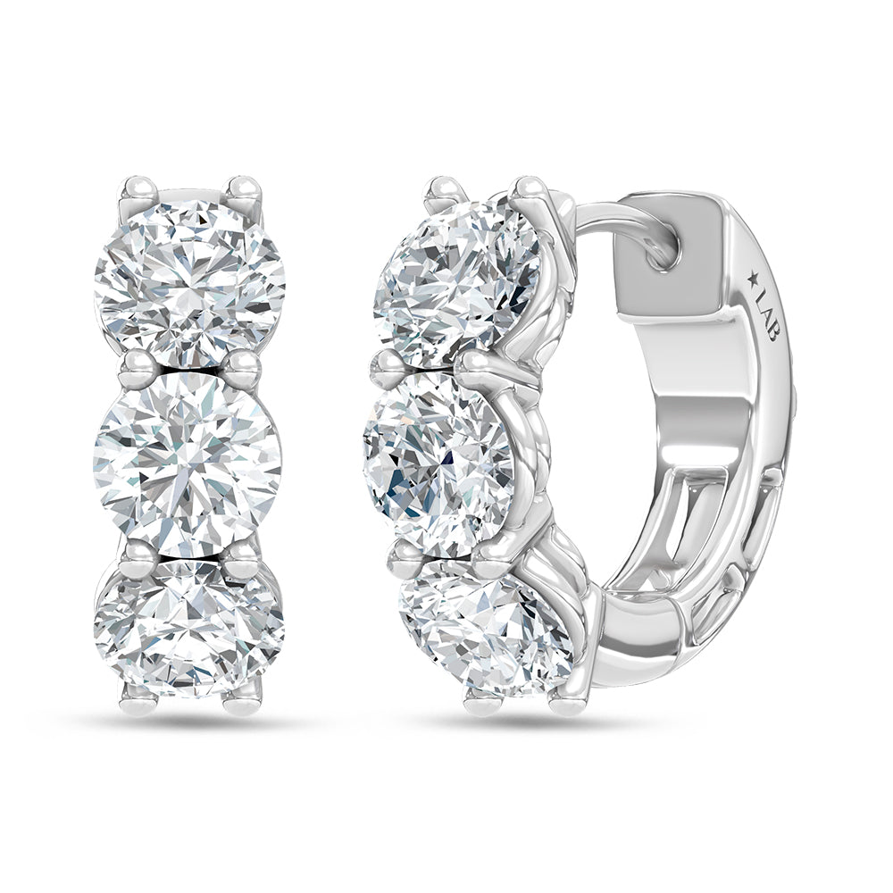 14K White Gold Lab Grown Diamond 2 Ct.Tw. 3 Stone Huggie Earrings