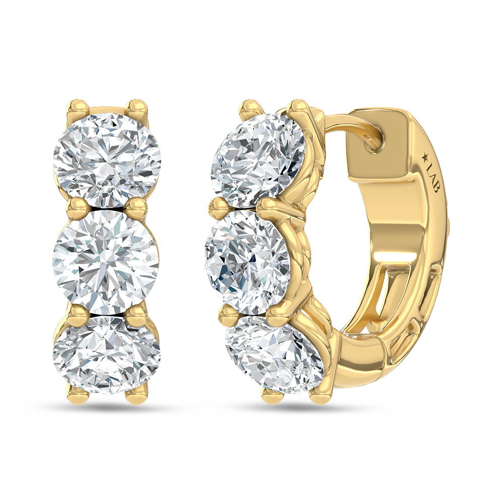 14K Yellow Gold Lab Grown Diamond 2 Ct.Tw. 3 Stone Huggie Earrings