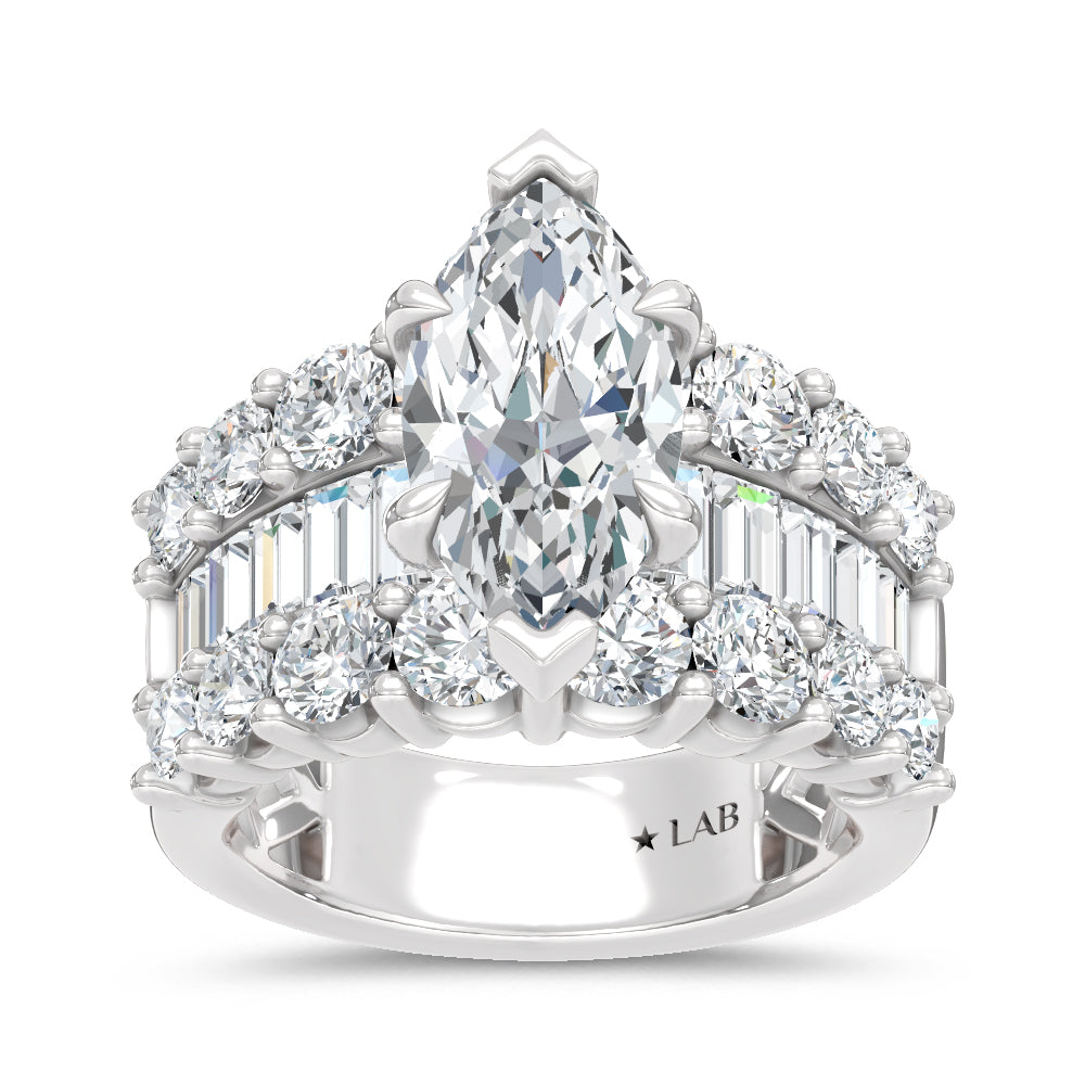 14K White Gold Lab Grown Diamond 6 3/4 Ct.Tw. Center Marquise and Baguette Engagement Ring (IGI Certified Center 3ct)