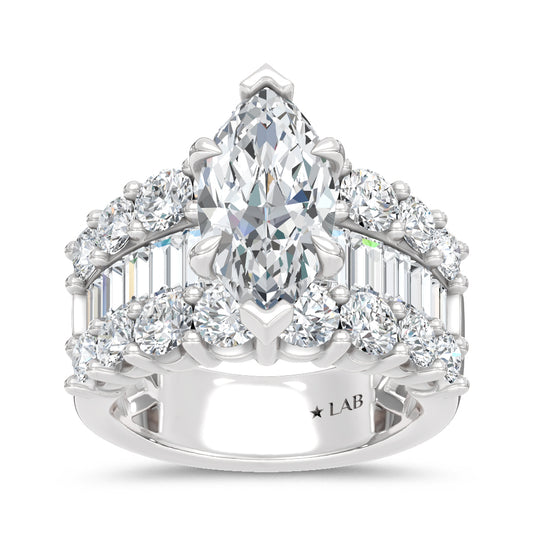 14K White Gold Lab Grown Diamond 6 3/4 Ct.Tw. Center Marquise and Baguette Engagement Ring (IGI Certified Center 3ct)