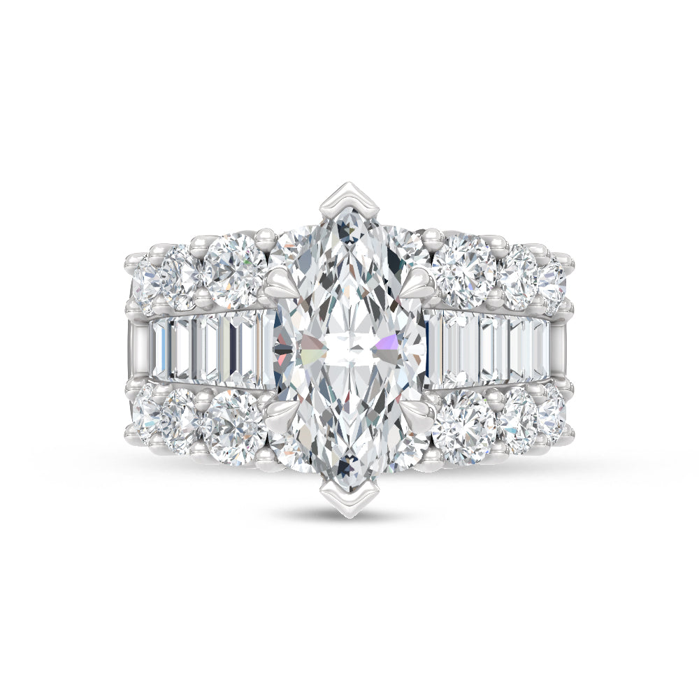 14K White Gold Lab Grown Diamond 6 3/4 Ct.Tw. Center Marquise and Baguette Engagement Ring (IGI Certified Center 3ct)