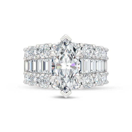 14K White Gold Lab Grown Diamond 6 3/4 Ct.Tw. Center Marquise and Baguette Engagement Ring (IGI Certified Center 3ct)