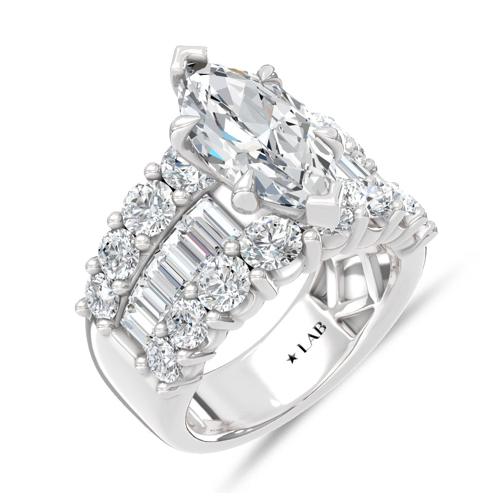 14K White Gold Lab Grown Diamond 6 3/4 Ct.Tw. Center Marquise and Baguette Engagement Ring (IGI Certified Center 3ct)