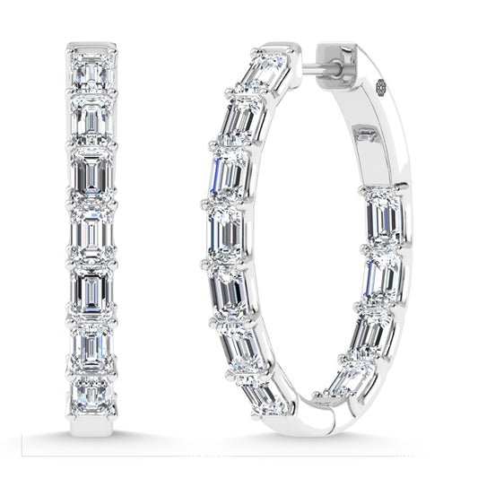 14K White Gold 3 1/2 Ct.Tw. Lab Grown Diamond Vertical Emerald Shape In and Our Hoop Earrings
