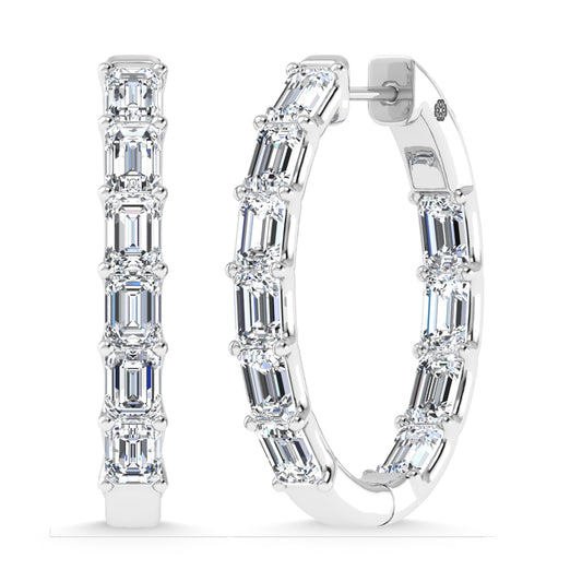 14K White Gold 4 Ct.Tw. Lab Grown Diamond Vertical Emerald Shape In and Our Hoop Earrings