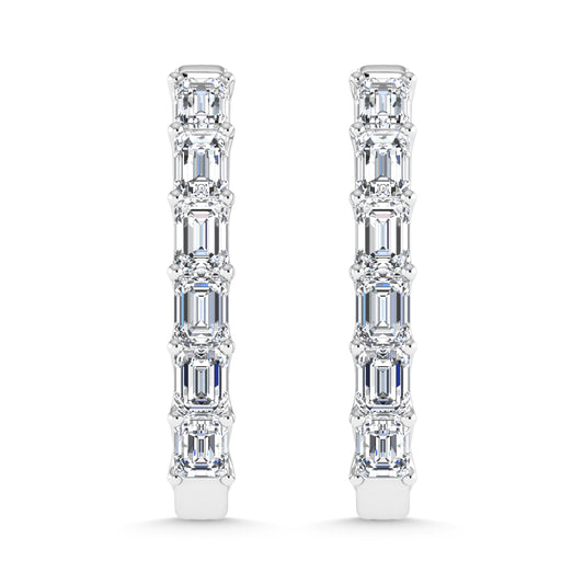 14K White Gold 4 Ct.Tw. Lab Grown Diamond Vertical Emerald Shape In and Our Hoop Earrings