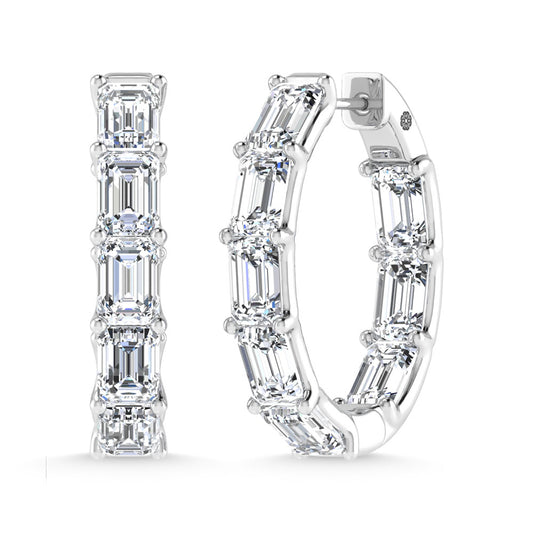 14K White Gold 8 Ct.Tw. Lab Grown Diamond Vertical Emerald Shape In and Our Hoop Earrings