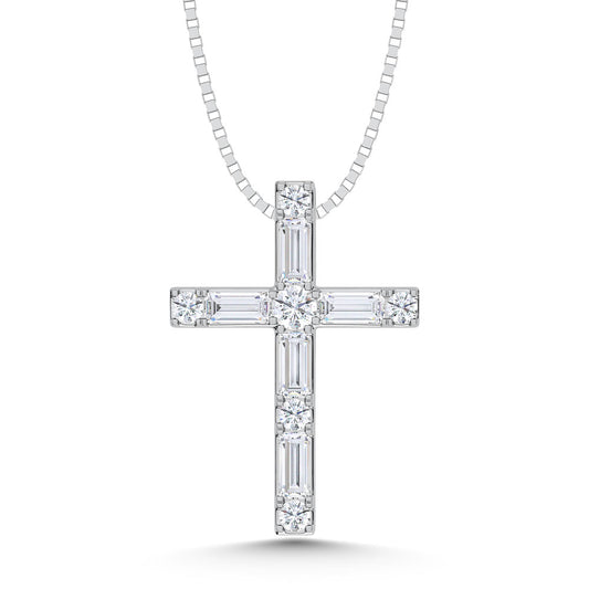 10K White Gold Lab Grown Diamond 1/4 Ct.Tw. Round and Baguette Cross Pendant