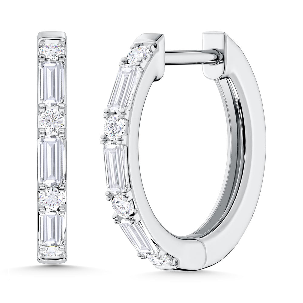 10K White Gold Lab Grown Diamond 1/4 Ct.Tw. Round and Baguette Hoop Earrings