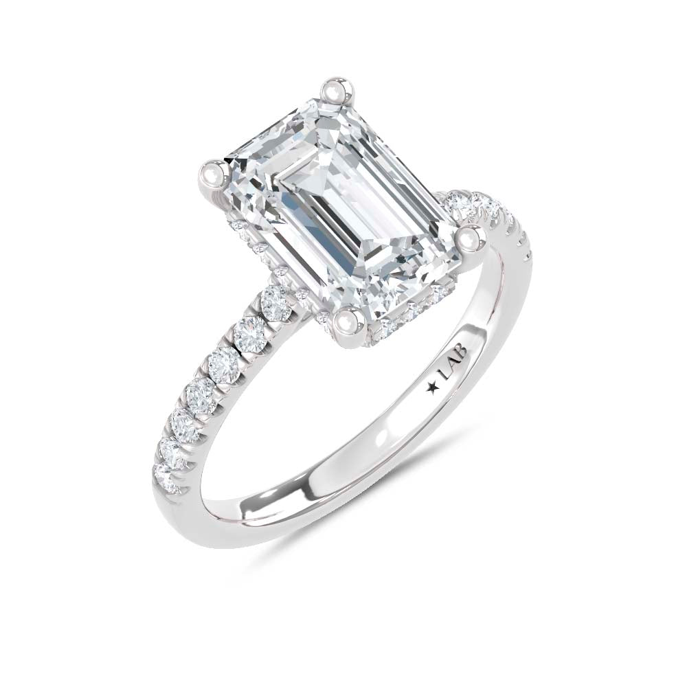 14K White Gold Lab Grown Diamond  3 3/8 Ct.Tw. Emerald Hidden Halo Engagement Ring (IGI Certified Center 3ct)