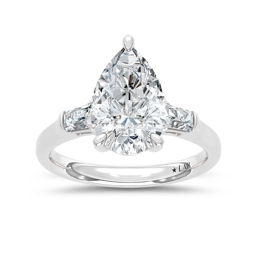 14K White Gold Lab Grown Diamond 3 1/5 Ct.Tw. Pear and Tapper Three Stone Engagement Ring