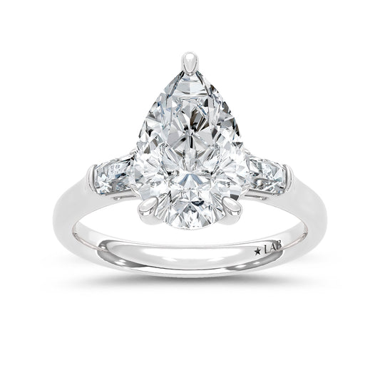14K White Gold Lab Grown Diamond 3 1/5 Ct.Tw. Pear and Tapper Three Stone Engagement Ring