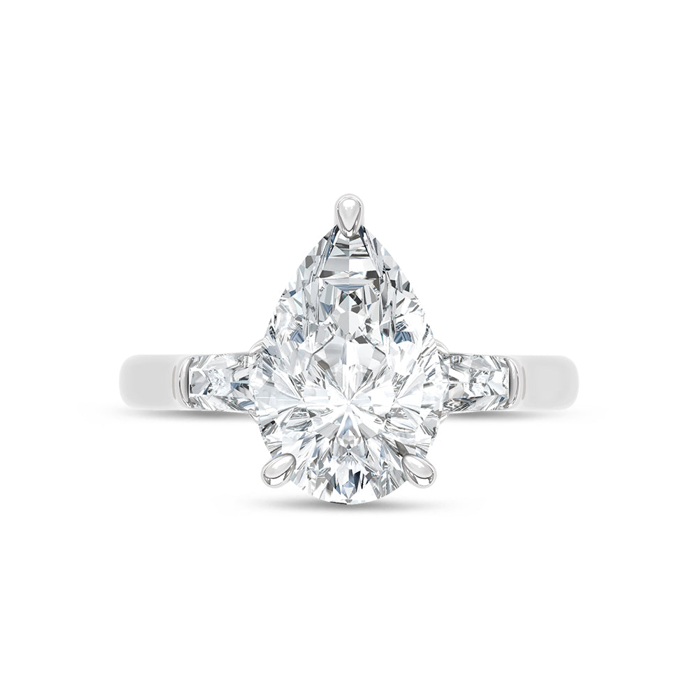 14K White Gold Lab Grown Diamond 3 1/5 Ct.Tw. Pear and Tapper Three Stone Engagement Ring