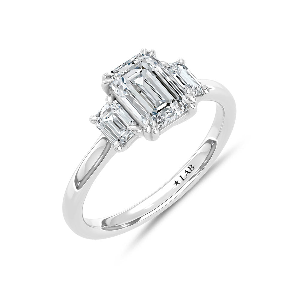 14K White Gold Lab Grown Diamond 2 Ct.Tw. Emerald Cut Three Stone Engagement Ring