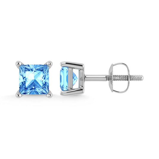 14K White Gold Lab Grown Blue Diamond 1 1/2 Ct.Tw. Princess Stud Earrings