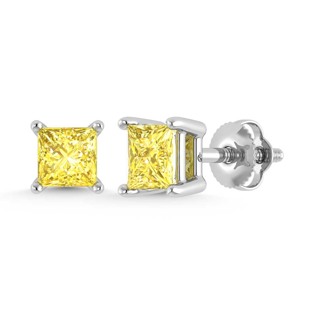 14K White Gold Lab Grown Yellow Diamond 1 1/2 Ct.Tw. Princess Stud Earrings