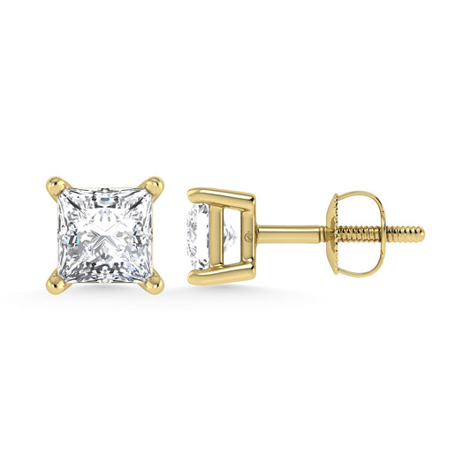 14K Yellow Gold Lab Grown Diamond 2 Ct.Tw.IGI certified VS F+ Princess Stud Earrings (Available in 2ct to 4ct)
