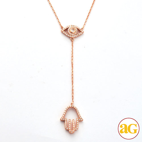 14KR 0.27CTW DIAMOND EVIL EYE WITH HAMZA NECKLACE