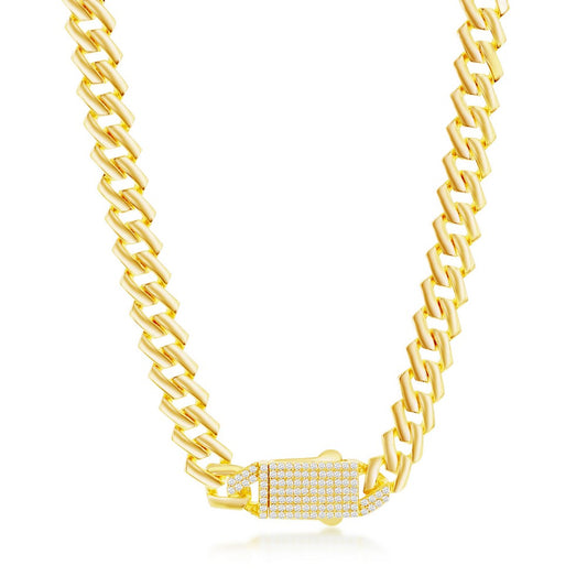 Sterling Silver, 9mm Monaco Chain w/Micro Pave CZ Lock - Gold Plated