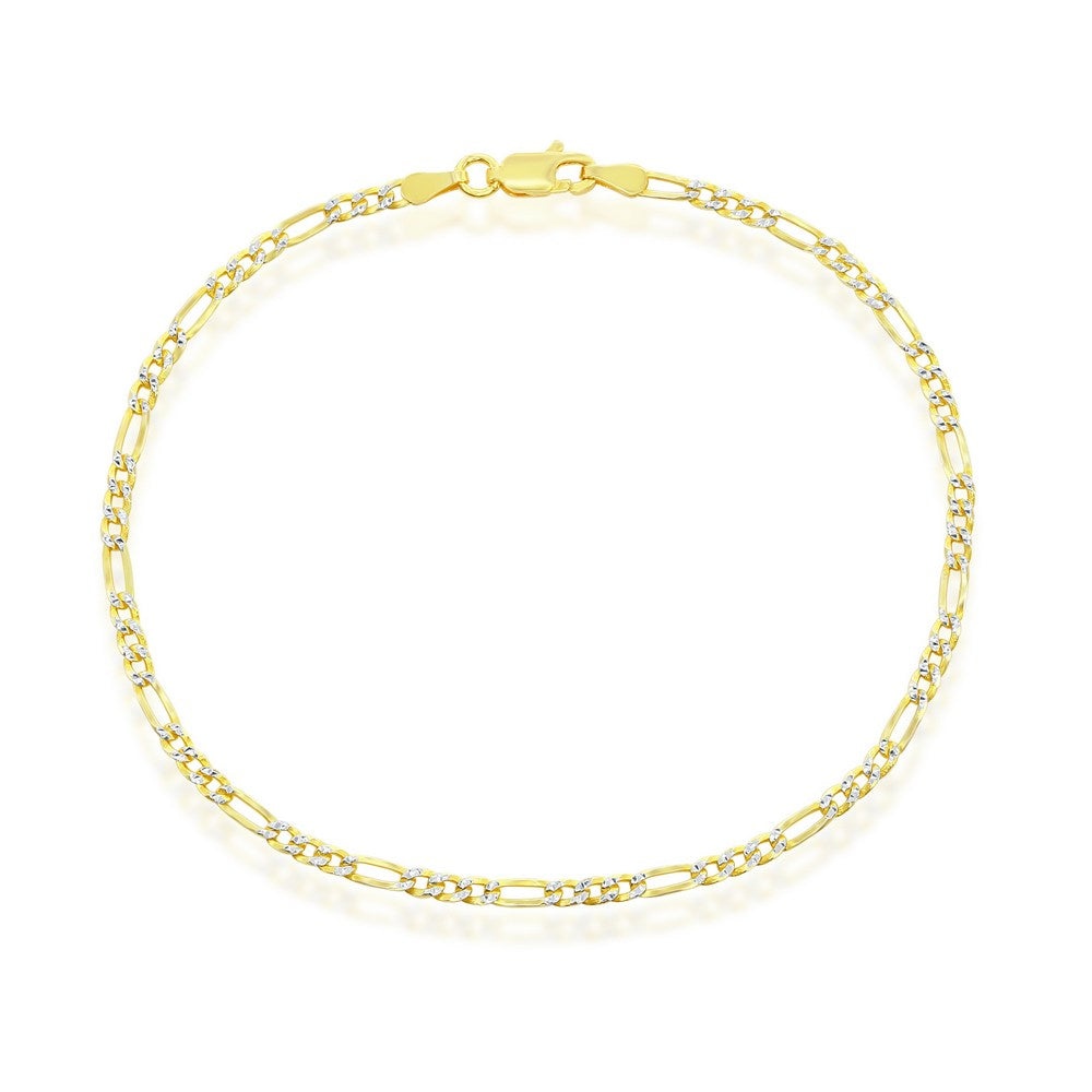 Sterling Silver, 2.5mm Pave Figaro Anklet - Gold Plated