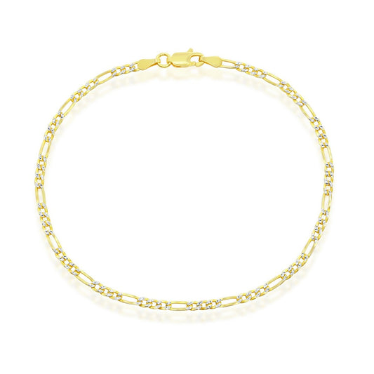 Sterling Silver, 2.5mm Pave Figaro Anklet - Gold Plated