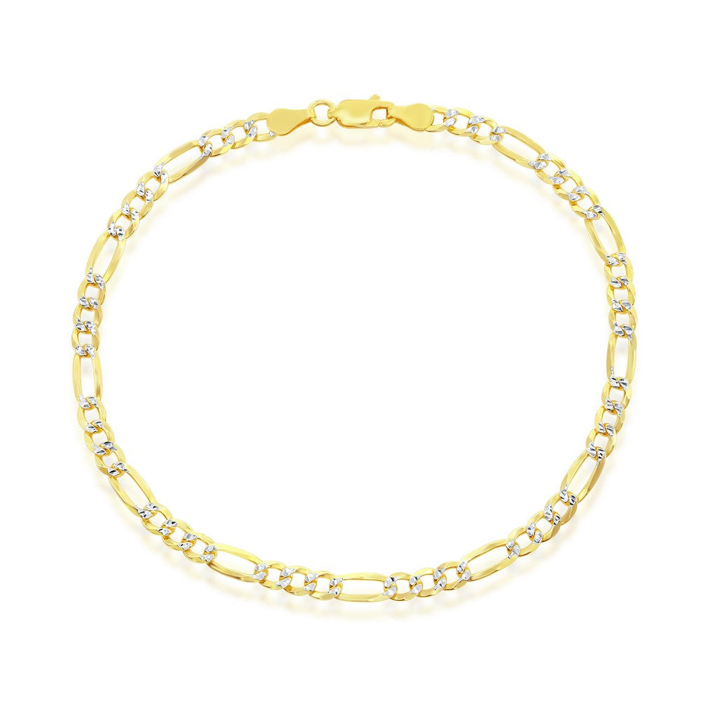 Sterling Silver, 4mm Pave Figaro Anklet - Gold Plated