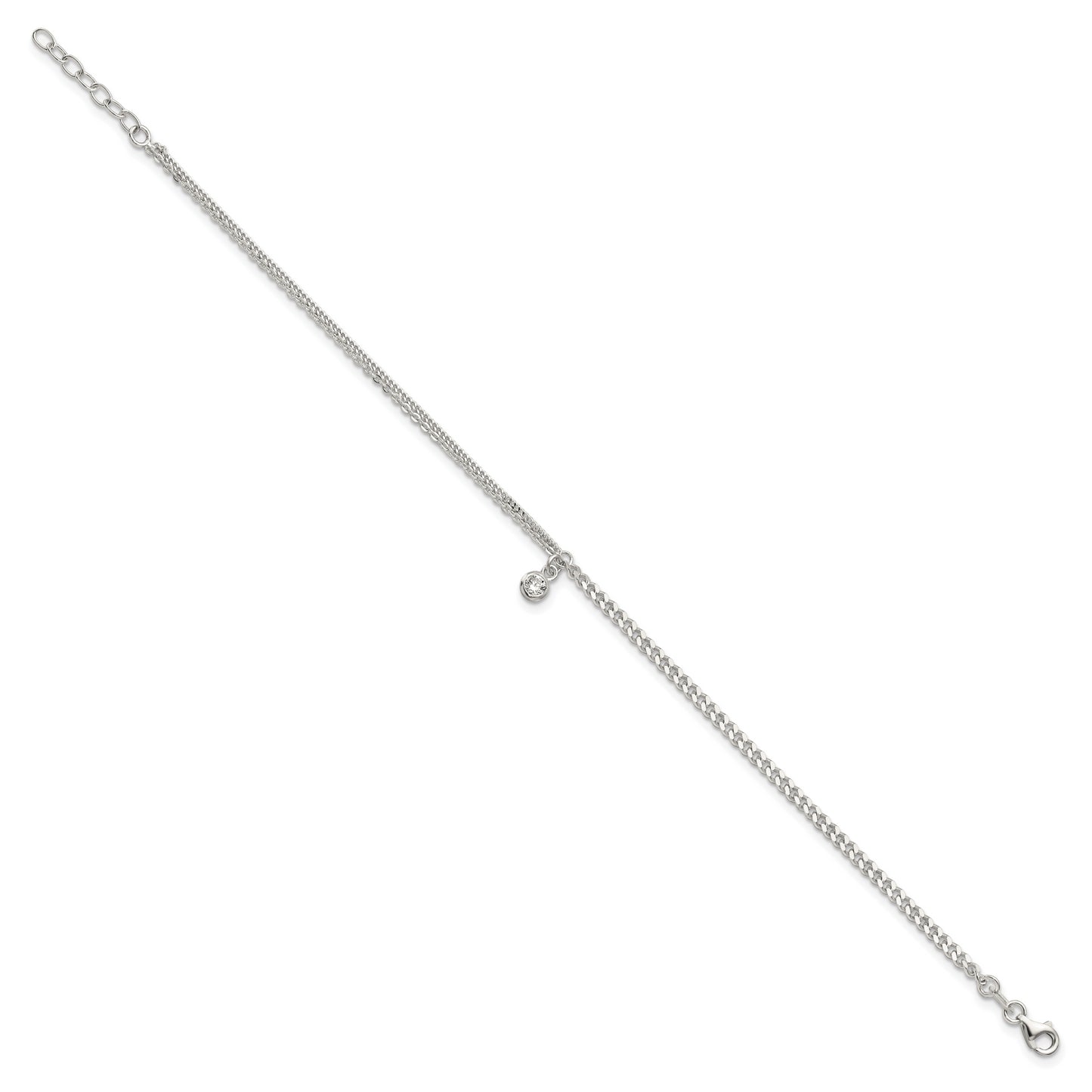Sterling Silver CZ Fancy Chain 9in Plus 1in Ext. Anklet